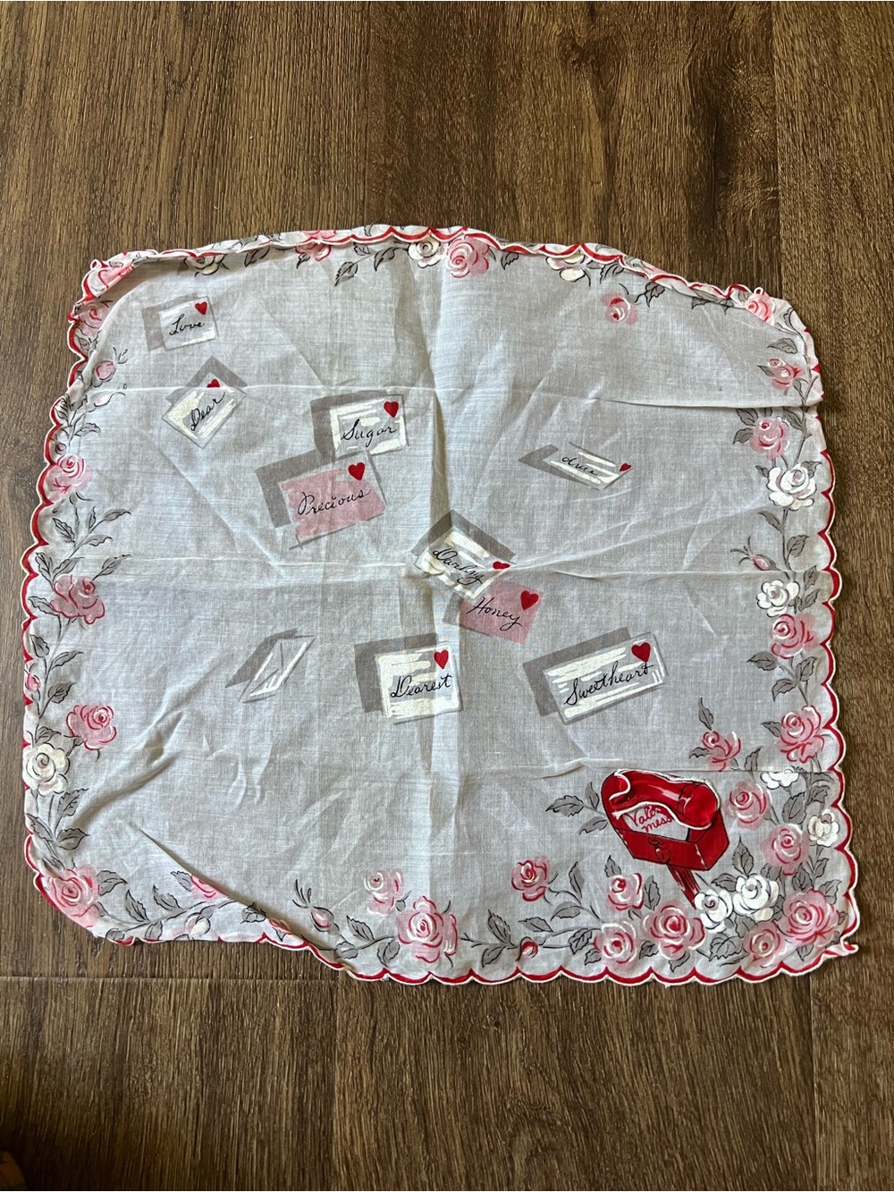 Vintage Handkerchief Embroidered Hearts Scalloped Edges Love Letters Mailbox